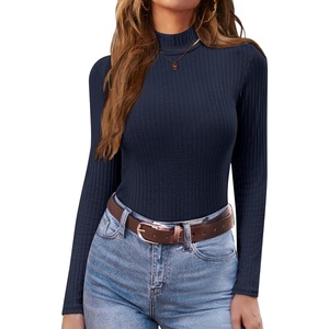image:imageEkouaer Womens Mock Turtleneck Long Sleeve Shirts Ribbed Knit Lightweight Pullover Sweater Stretch Fitted Thermal TopNavy Blue