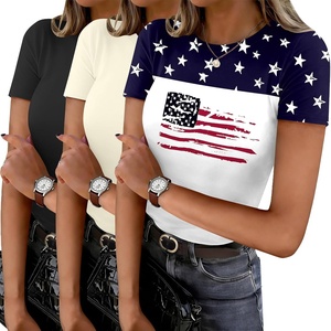 image:imageEkouaer Womens Short Sleeve Shirts 3 Pack Crew Neck Tops Slim Fit Basic Tees Trendy Clothes Base Layer3pcs Black Beige Print Flag