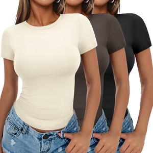 image:imageEkouaer Womens Short Sleeve Shirts 3 Pack Crew Neck Tops Slim Fit Basic Tees Trendy Clothes Base Layer3pcs Black Brown Beige