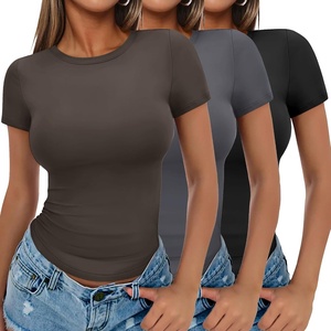 image:imageEkouaer Womens Short Sleeve Shirts 3 Pack Crew Neck Tops Slim Fit Basic Tees Trendy Clothes Base Layer3pcs Black Dark Gray Brown
