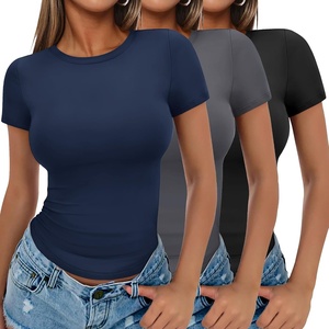 image:imageEkouaer Womens Short Sleeve Shirts 3 Pack Crew Neck Tops Slim Fit Basic Tees Trendy Clothes Base Layer3pcs Black Dark Gray Navy Blue