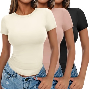 image:imageEkouaer Womens Short Sleeve Shirts 3 Pack Crew Neck Tops Slim Fit Basic Tees Trendy Clothes Base Layer3pcs Black Dirty Pink Beige