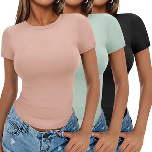 image:imageEkouaer Womens Short Sleeve Shirts 3 Pack Crew Neck Tops Slim Fit Basic Tees Trendy Clothes Base Layer3pcs Black Light Green Dirty Pink