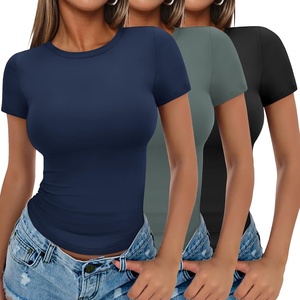 image:imageEkouaer Womens Short Sleeve Shirts 3 Pack Crew Neck Tops Slim Fit Basic Tees Trendy Clothes Base Layer3pcs Black Sage Green Navy Blue