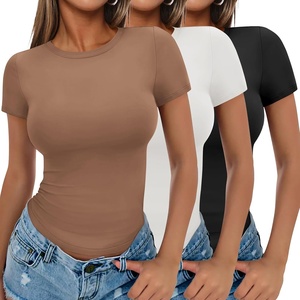 image:imageEkouaer Womens Short Sleeve Shirts 3 Pack Crew Neck Tops Slim Fit Basic Tees Trendy Clothes Base Layer3pcs Black White Light Brown