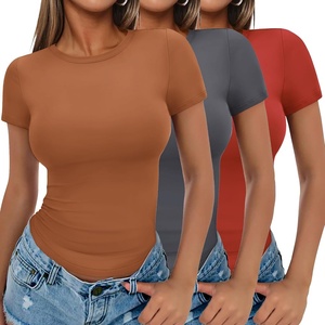 image:imageEkouaer Womens Short Sleeve Shirts 3 Pack Crew Neck Tops Slim Fit Basic Tees Trendy Clothes Base Layer3pcs Caramel Dark Gray Red