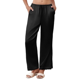 image:imageEkouaer Womens Silk Satin Pajama Pants Casual Comfy Sleep Pants Pocketed Elastic Waist Wide Leg Pj Bottoms with Lace TrimBlack