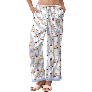 image:imageEkouaer Womens Silk Satin Pajama Pants Casual Comfy Sleep Pants Pocketed Elastic Waist Wide Leg Pj Bottoms with Lace TrimBlue Striped Teddy