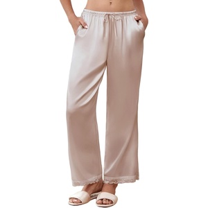 image:imageEkouaer Womens Silk Satin Pajama Pants Casual Comfy Sleep Pants Pocketed Elastic Waist Wide Leg Pj Bottoms with Lace TrimChampagne