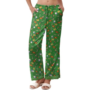 image:imageEkouaer Womens Silk Satin Pajama Pants Casual Comfy Sleep Pants Pocketed Elastic Waist Wide Leg Pj Bottoms with Lace TrimGreen Chirstmas Pattern
