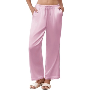 image:imageEkouaer Womens Silk Satin Pajama Pants Casual Comfy Sleep Pants Pocketed Elastic Waist Wide Leg Pj Bottoms with Lace TrimPink