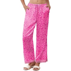 image:imageEkouaer Womens Silk Satin Pajama Pants Casual Comfy Sleep Pants Pocketed Elastic Waist Wide Leg Pj Bottoms with Lace TrimRose Leopard