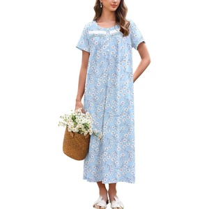 image:imageEkouaer Nightgown for Women Cotton Long Night Gown Short Sleeve Nightdress with Pockets Button Sleepshirt Soft SleepwearBlue White Florals
