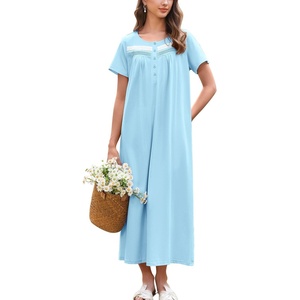 image:imageEkouaer Nightgown for Women Cotton Long Night Gown Short Sleeve Nightdress with Pockets Button Sleepshirt Soft SleepwearCyan