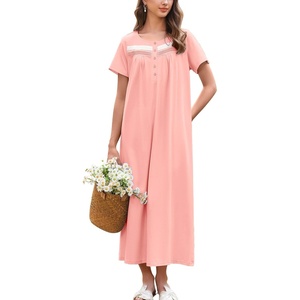 image:imageEkouaer Nightgown for Women Cotton Long Night Gown Short Sleeve Nightdress with Pockets Button Sleepshirt Soft SleepwearLight Pink