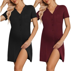 image:imageEkouaer 2 Pack LaborDeliveryHospital Gown 3 in 1 Maternity Dress V Neck Nursing Nightgown Postpartum Pajamas with ButtonBlackDark Red