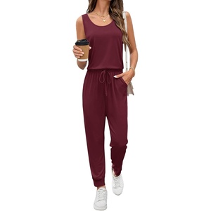 image:imageEkouaer Jumpsuits for Women Casual Sleeveless 2026 Summer Romper Dressy Vacation One Piece Outfits Fashion Travel ClothesBurgundy