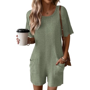 image:imageEkouaer Rompers for Women Casual Ribbed Short Sleeve TShirt Tee Romper Summer Outfits with Pockets 2026Armygreen