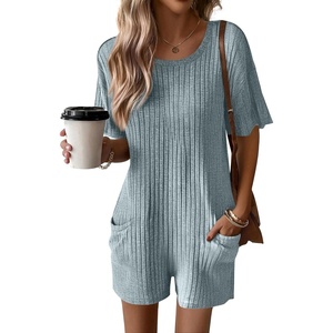 image:imageEkouaer Rompers for Women Casual Ribbed Short Sleeve TShirt Tee Romper Summer Outfits with Pockets 2026Blue