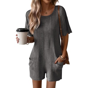 image:imageEkouaer Rompers for Women Casual Ribbed Short Sleeve TShirt Tee Romper Summer Outfits with Pockets 2026Dark Grey