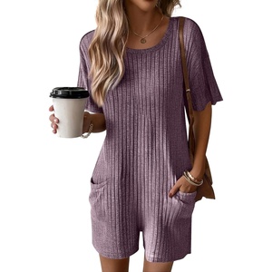 image:imageEkouaer Rompers for Women Casual Ribbed Short Sleeve TShirt Tee Romper Summer Outfits with Pockets 2026Dark Purple