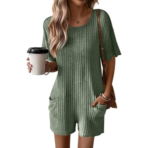 image:imageEkouaer Rompers for Women Casual Ribbed Short Sleeve TShirt Tee Romper Summer Outfits with Pockets 2026Green