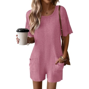 image:imageEkouaer Rompers for Women Casual Ribbed Short Sleeve TShirt Tee Romper Summer Outfits with Pockets 2026Hot Pink