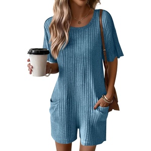 image:imageEkouaer Rompers for Women Casual Ribbed Short Sleeve TShirt Tee Romper Summer Outfits with Pockets 2026Lake Blue