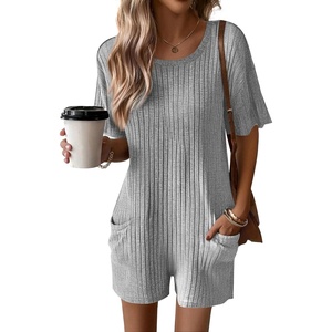 image:imageEkouaer Rompers for Women Casual Ribbed Short Sleeve TShirt Tee Romper Summer Outfits with Pockets 2026Light Gery