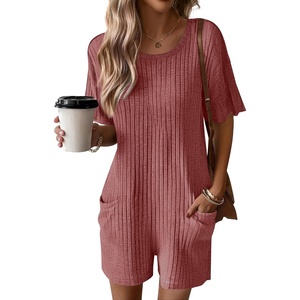 image:imageEkouaer Rompers for Women Casual Ribbed Short Sleeve TShirt Tee Romper Summer Outfits with Pockets 2026Wine Red