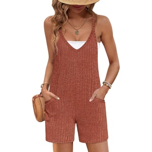 image:imageEkouaer Rompers for Women Summer Casual Sleeveless Strap Maternity Jumpsuit Vacation Shorts Overalls with PocketsCaramel