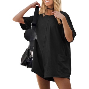 image:imageEkouaer Summer Rompers for Women Short Sleeve Oversized Tshirt Romper Reversible Baggy Jumpsuit Outfits with PocketsBlack