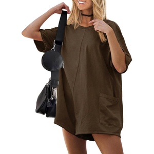 image:imageEkouaer Summer Rompers for Women Short Sleeve Oversized Tshirt Romper Reversible Baggy Jumpsuit Outfits with PocketsBrown