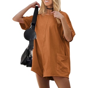 image:imageEkouaer Summer Rompers for Women Short Sleeve Oversized Tshirt Romper Reversible Baggy Jumpsuit Outfits with PocketsCaramel