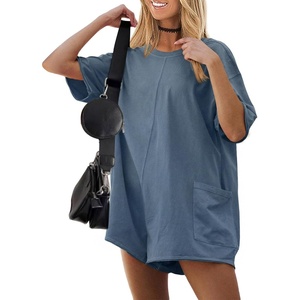 image:imageEkouaer Summer Rompers for Women Short Sleeve Oversized Tshirt Romper Reversible Baggy Jumpsuit Outfits with PocketsGrey Blue