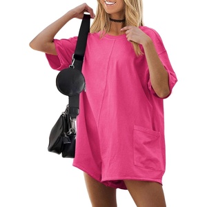 image:imageEkouaer Summer Rompers for Women Short Sleeve Oversized Tshirt Romper Reversible Baggy Jumpsuit Outfits with PocketsHot Pink