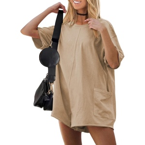 image:imageEkouaer Summer Rompers for Women Short Sleeve Oversized Tshirt Romper Reversible Baggy Jumpsuit Outfits with PocketsKhaki