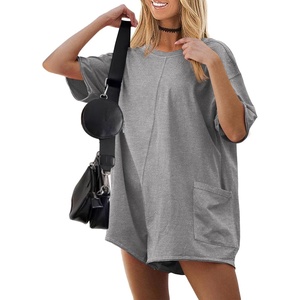 image:imageEkouaer Summer Rompers for Women Short Sleeve Oversized Tshirt Romper Reversible Baggy Jumpsuit Outfits with PocketsLight Grey