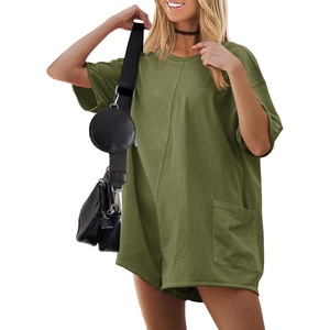 image:imageEkouaer Summer Rompers for Women Short Sleeve Oversized Tshirt Romper Reversible Baggy Jumpsuit Outfits with PocketsOlive Green