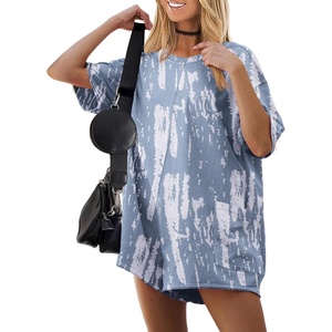 image:imageEkouaer Summer Rompers for Women Short Sleeve Oversized Tshirt Romper Reversible Baggy Jumpsuit Outfits with PocketsTie Dye Blue