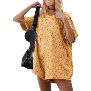 image:imageEkouaer Summer Rompers for Women Short Sleeve Oversized Tshirt Romper Reversible Baggy Jumpsuit Outfits with PocketsYellow Floral