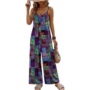 image:imageEkouaer Wide Leg Jumpsuits for Women Casual Overalls Sleeveless Vacation Outfits One Piece Boho Printed Romper with PocketBlue Boho Printed