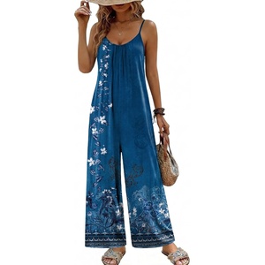 image:imageEkouaer Wide Leg Jumpsuits for Women Casual Overalls Sleeveless Vacation Outfits One Piece Boho Printed Romper with PocketFloral Teal
