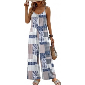 image:imageEkouaer Wide Leg Jumpsuits for Women Casual Overalls Sleeveless Vacation Outfits One Piece Boho Printed Romper with PocketPlaid Print
