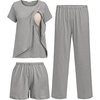 image:imageEkouaer 3 PCS Maternity Nursing Pajamas Set Postpartum Breastfeeding Short Sleeve Shirts Pregnancy Shorts amp Pants Pjs SXXLLight Grey