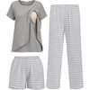 image:imageEkouaer 3 PCS Maternity Nursing Pajamas Set Postpartum Breastfeeding Short Sleeve Shirts Pregnancy Shorts amp Pants Pjs SXXLLight Grey Stripe