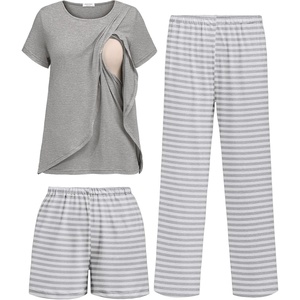image:imageEkouaer 3 PCS Maternity Nursing Pajamas Set Postpartum Breastfeeding Short Sleeve Shirts Pregnancy Shorts amp Pants Pjs SXXLLight Grey Stripe
