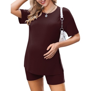 image:imageEkouaer Women Maternity Sets 2 Piece Outfits Summer T Shirts and Biker Shorts Set Pregnancy LoungewearBurgundy Red
