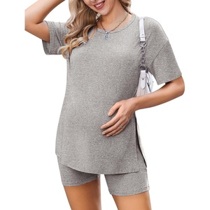 image:imageEkouaer Women Maternity Sets 2 Piece Outfits Summer T Shirts and Biker Shorts Set Pregnancy LoungewearLight Grey