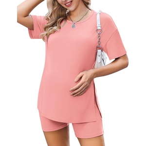 image:imageEkouaer Women Maternity Sets 2 Piece Outfits Summer T Shirts and Biker Shorts Set Pregnancy LoungewearOrange Pink
